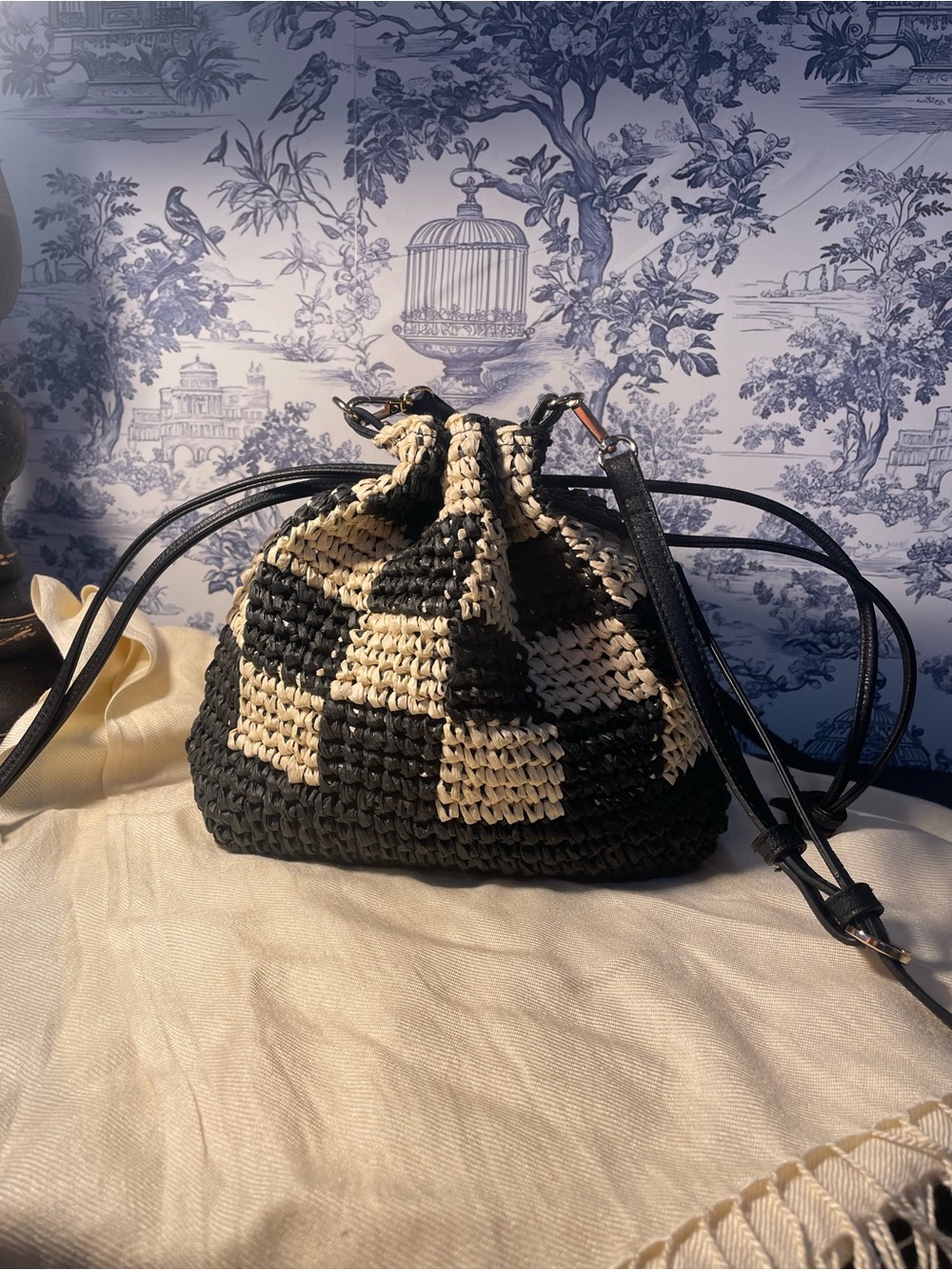Universal Thread Black and Cream Checkered Drawstring Crossbody Bag
